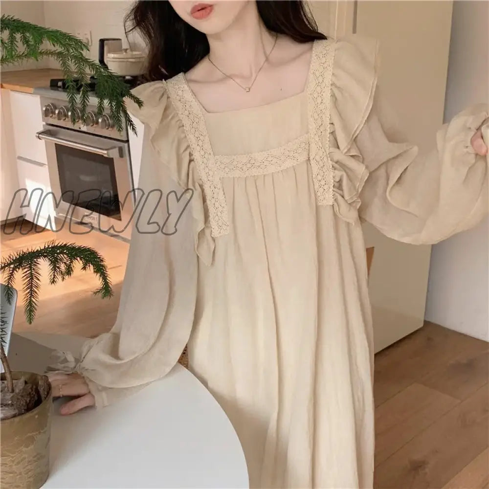 Nightgown Sleepwear Womens Korean Ruffles Night Dress Lace One Piece Pajamas Autumn Long Sleeve Square Collar Home Wear New