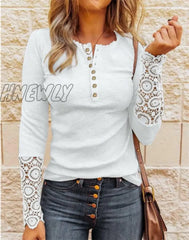 Hnewly Lace Splicing Top Long Sleeve T Shirt Woman Button Slim Tops Tee Autumn Spring Patchwork T -