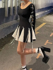 Hnewly Lace Up High Waist Dress For Women Folds Splice Bodycon Mini Hot Girls Street Slim See