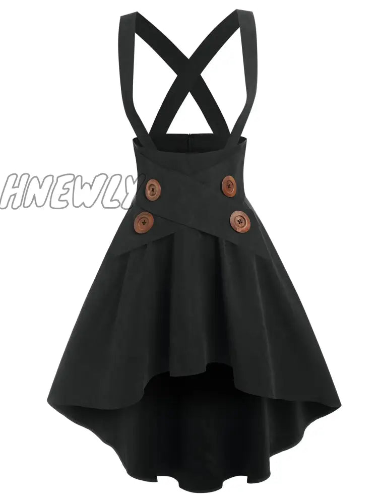 Hnewly Lace Up Layered High Low Suspender Skirt Casual Streetwear Women Mid-Calf Skirts Mock Button