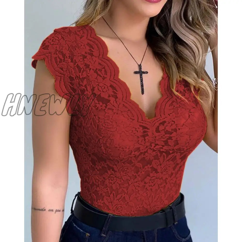 Hnewly Lace V-Neck Sleeveless Tees Tops For Women Summer Mesh See Through Basic Solid Color Elegant