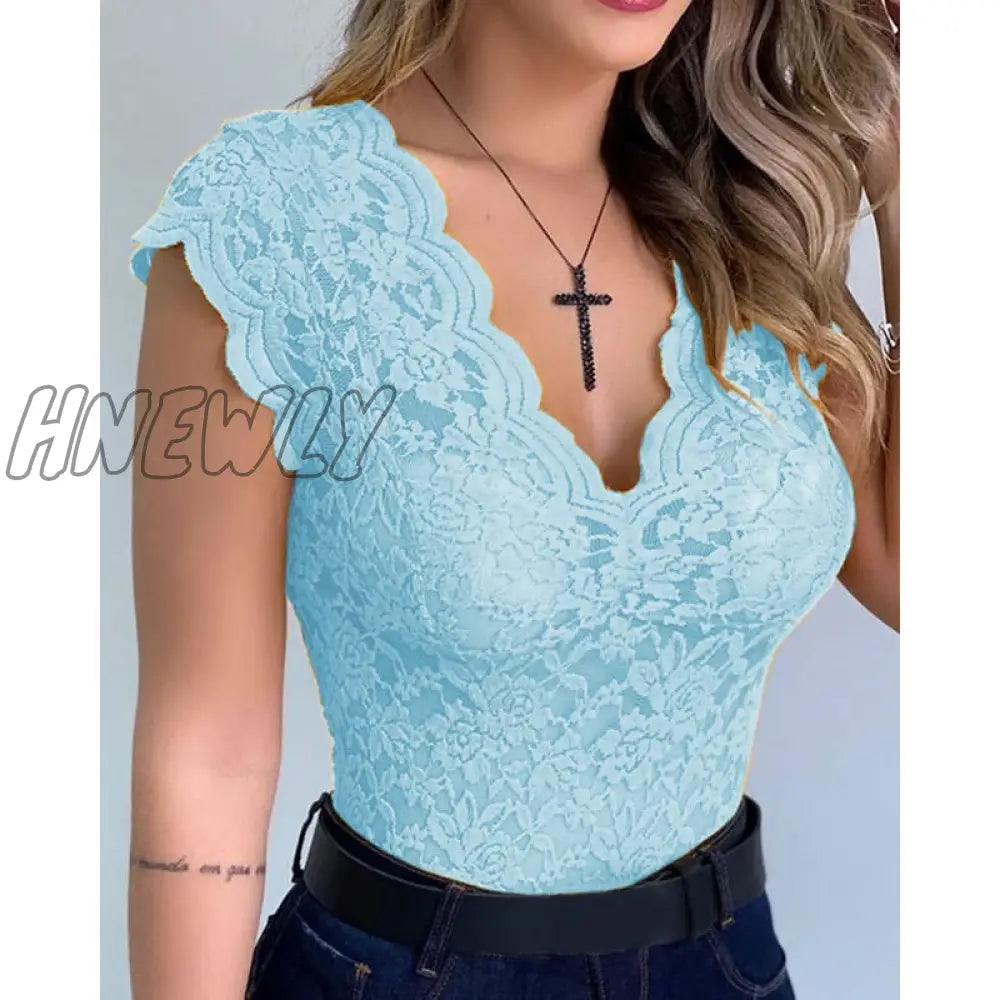 Hnewly Lace V-Neck Sleeveless Tees Tops For Women Summer Mesh See Through Basic Solid Color Elegant