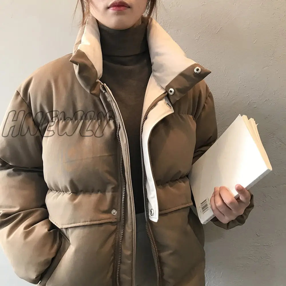 Hnewly Ladies Winter Solid Down Jacket Women Oversize Loose Coat Stand - Up Collar Thick Warm