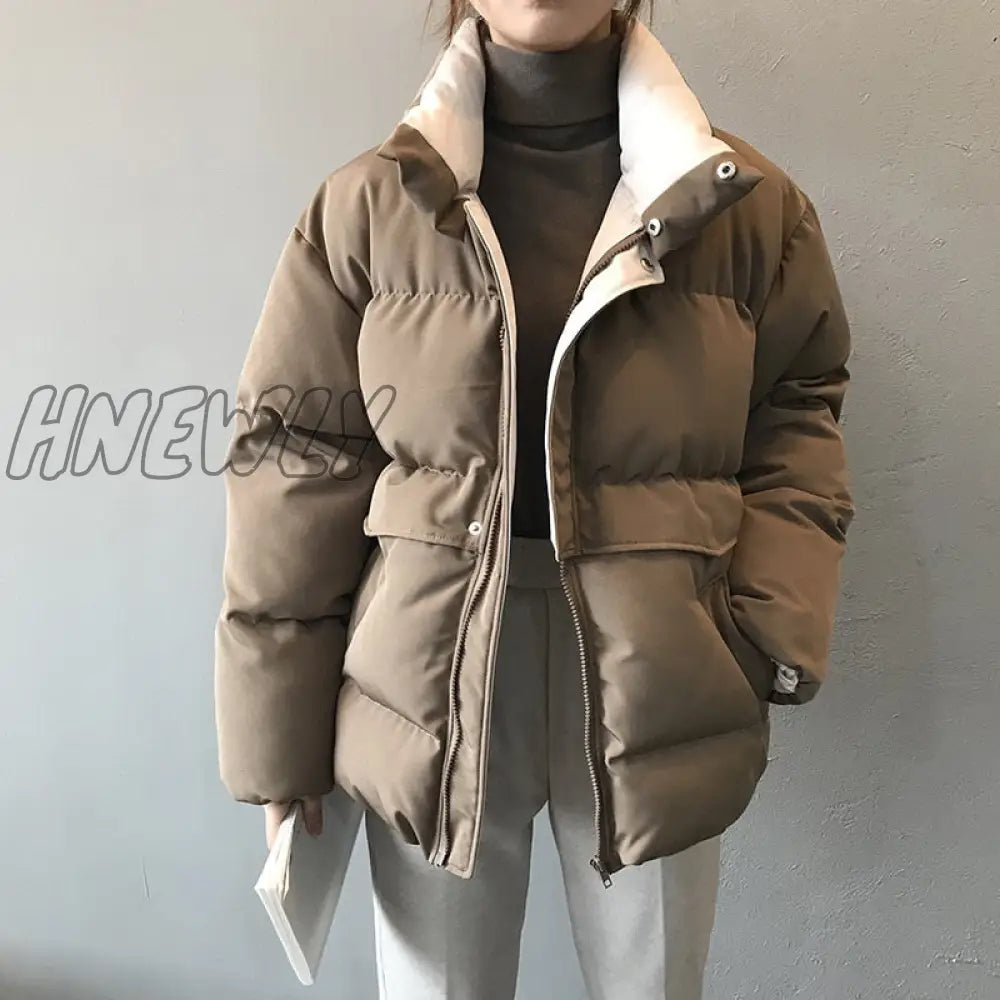 Hnewly Ladies Winter Solid Down Jacket Women Oversize Loose Coat Stand - Up Collar Thick Warm