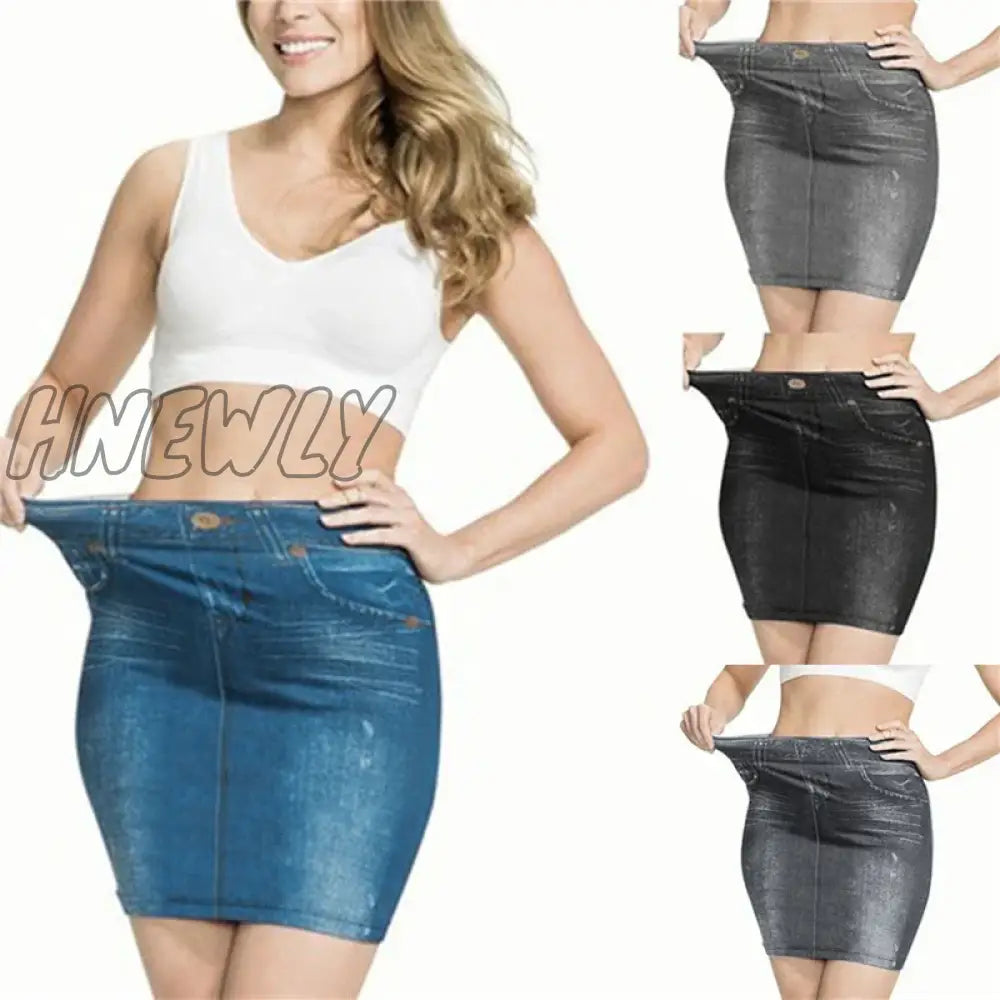 Hnewly Ladies Women Faux Denim Skirt Fashion Print Seamless Jean Skirts Short Slim High Waist