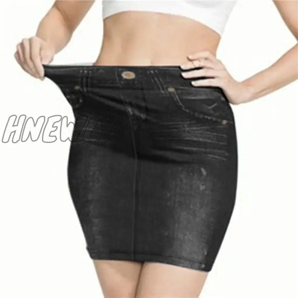 Hnewly Ladies Women Faux Denim Skirt Fashion Print Seamless Jean Skirts Short Slim High Waist