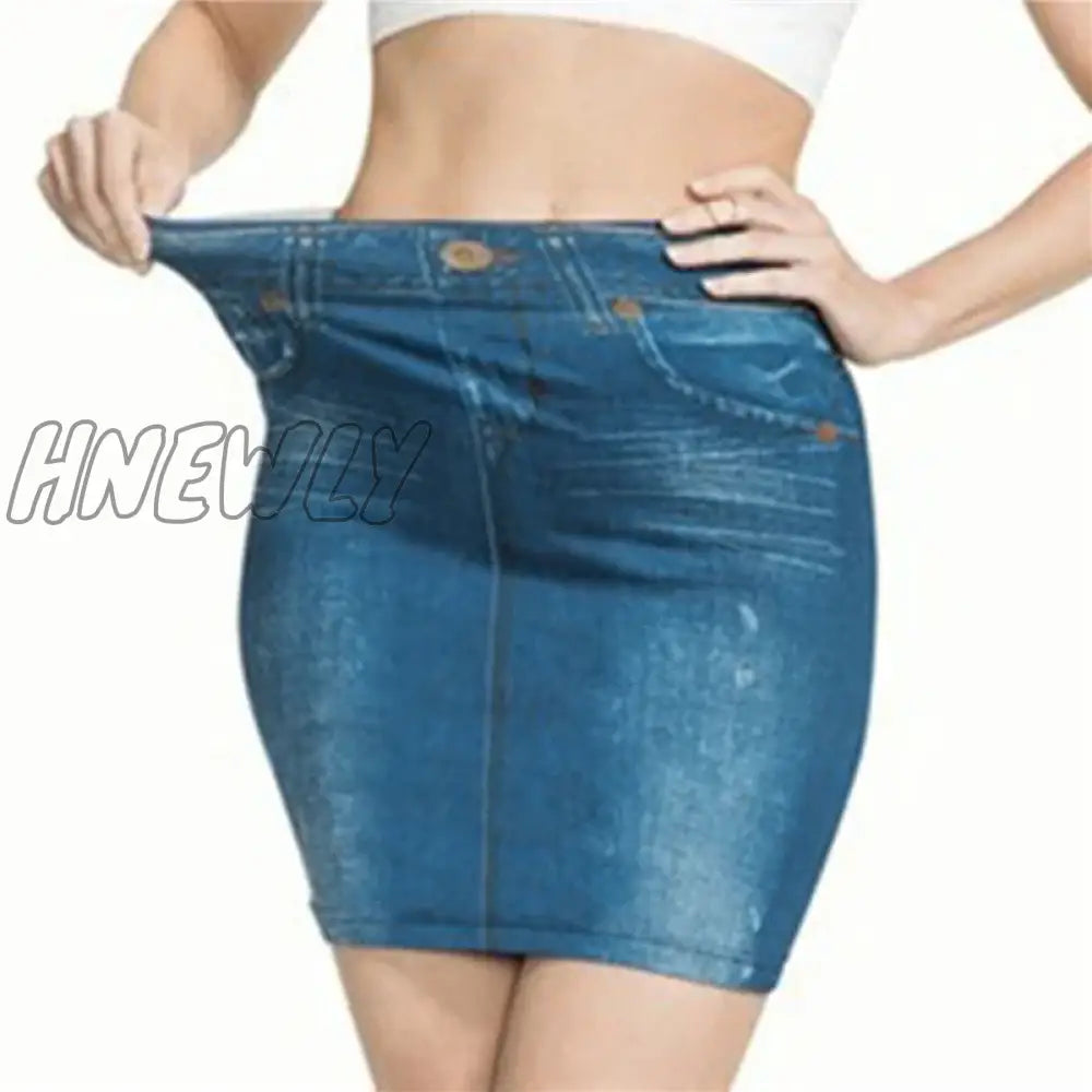 Hnewly Ladies Women Faux Denim Skirt Fashion Print Seamless Jean Skirts Short Slim High Waist