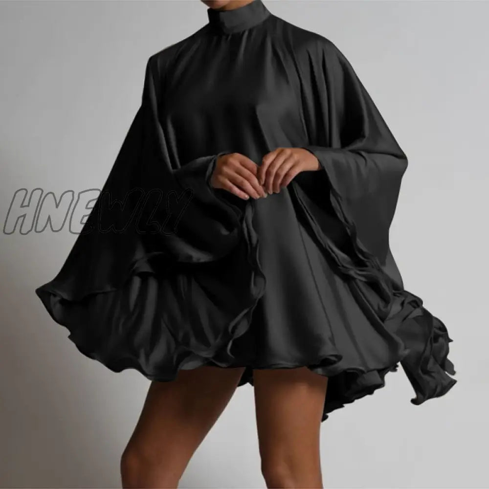 Hnewly Large Flare Sleeve Women Party Mini Dresses Stand Collar Solid New Fashion Satin Short