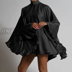 Hnewly Large Flare Sleeve Women Party Mini Dresses Stand Collar Solid New Fashion Satin Short