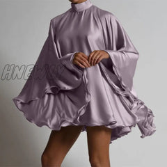 Hnewly Large Flare Sleeve Women Party Mini Dresses Stand Collar Solid New Fashion Satin Short