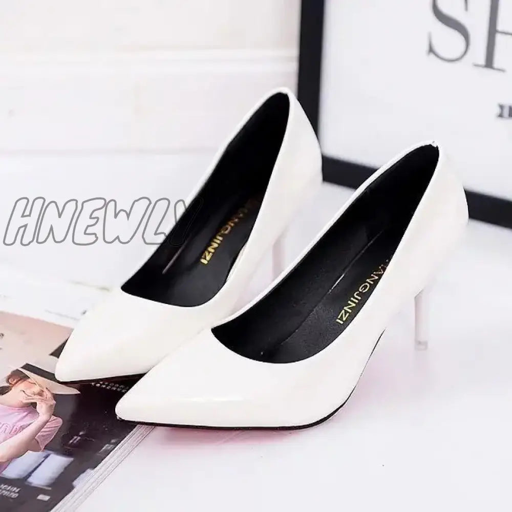 Hnewly Large Size Women’s Pumps Pointed Toe Patent Leather High Heels Dress Shoes White Wedding