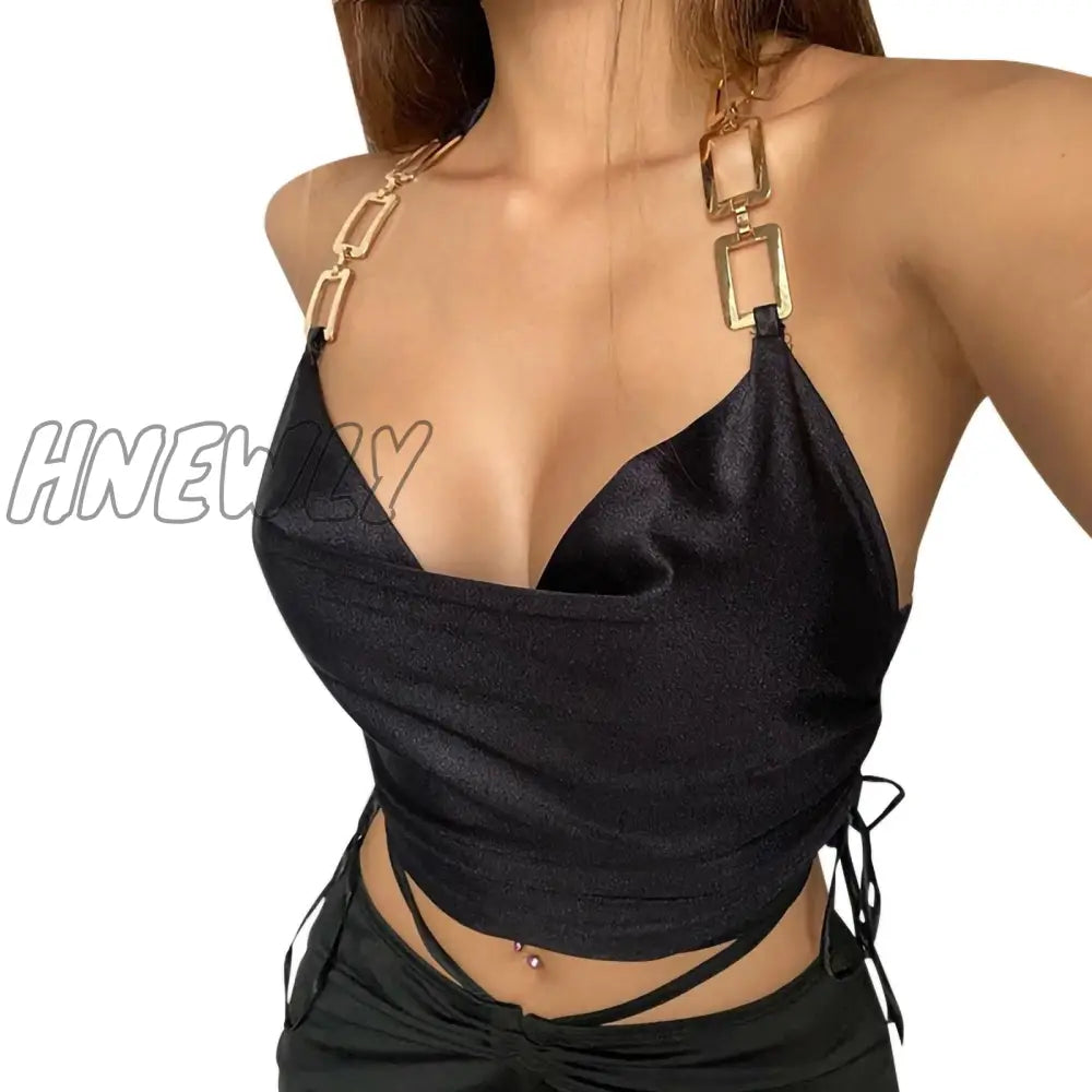 Hnewly Latest Fashion Satin Chain Open Back Cropped Top Women Summer Sleeveless Drawstring Ruffled