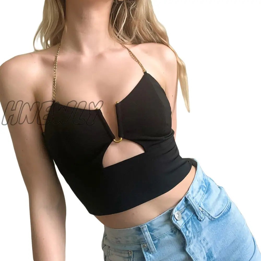 Hnewly Latest Fashion Satin Chain Open Back Cropped Top Women Summer Sleeveless Drawstring Ruffled