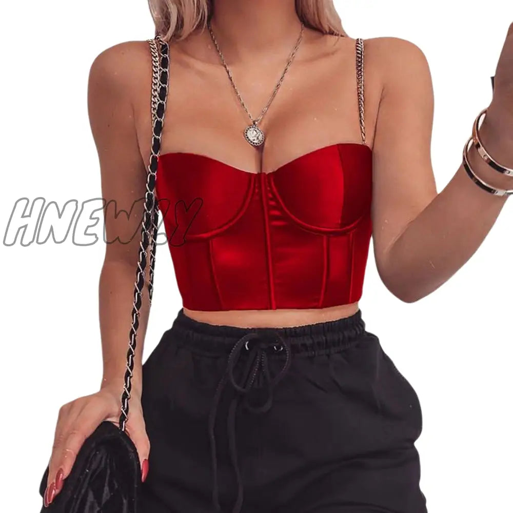 Hnewly Latest Fashion Satin Chain Open Back Cropped Top Women Summer Sleeveless Drawstring Ruffled