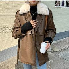 Hnewly Leather Fur Coat Winter Jacket Women New Fall Lamb Wool Warm Locomotive With Sashes Korean