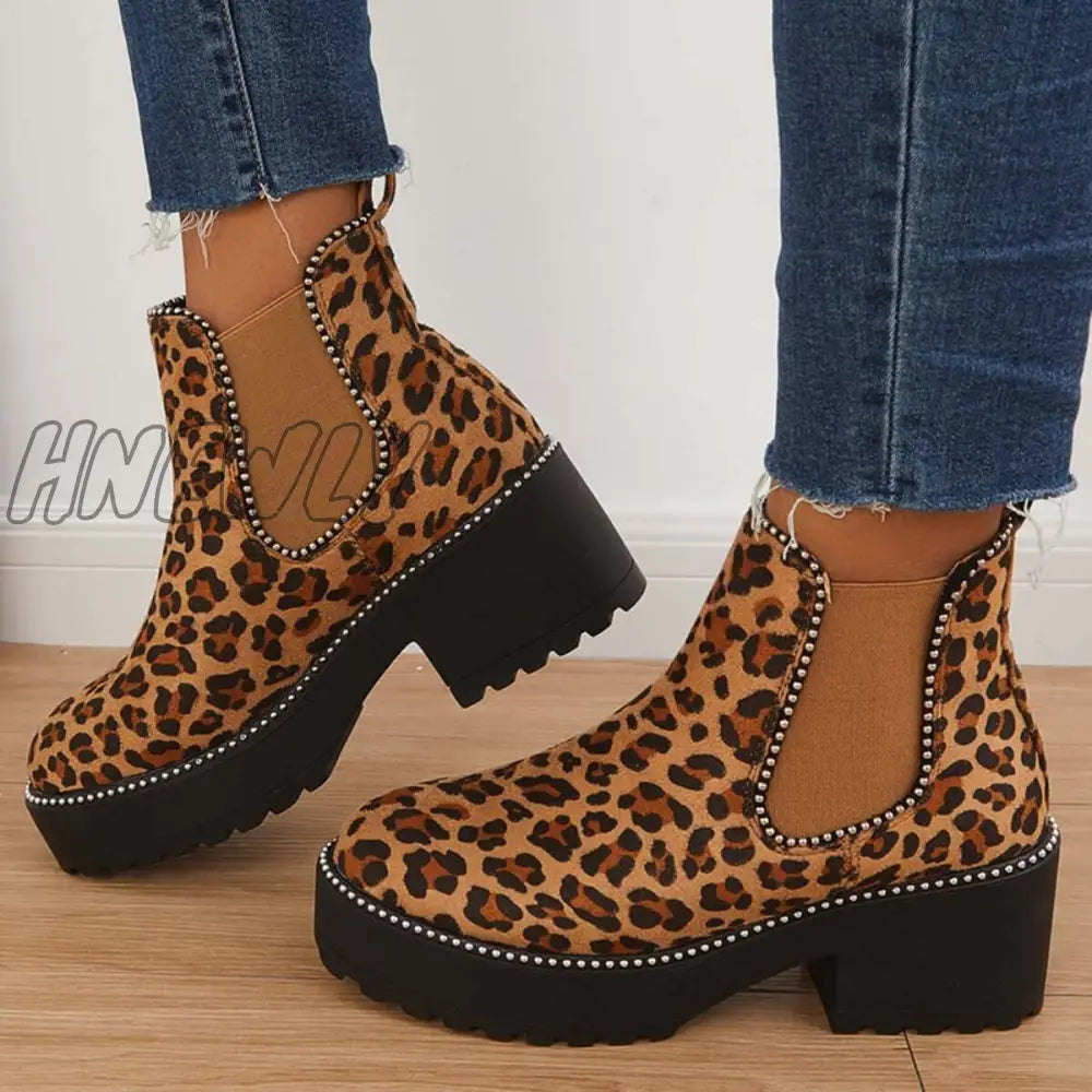 Hnewly Leather Lug Sole Ankle Chelsea Boots Platform Chunky Heel Booties Leopard / 5