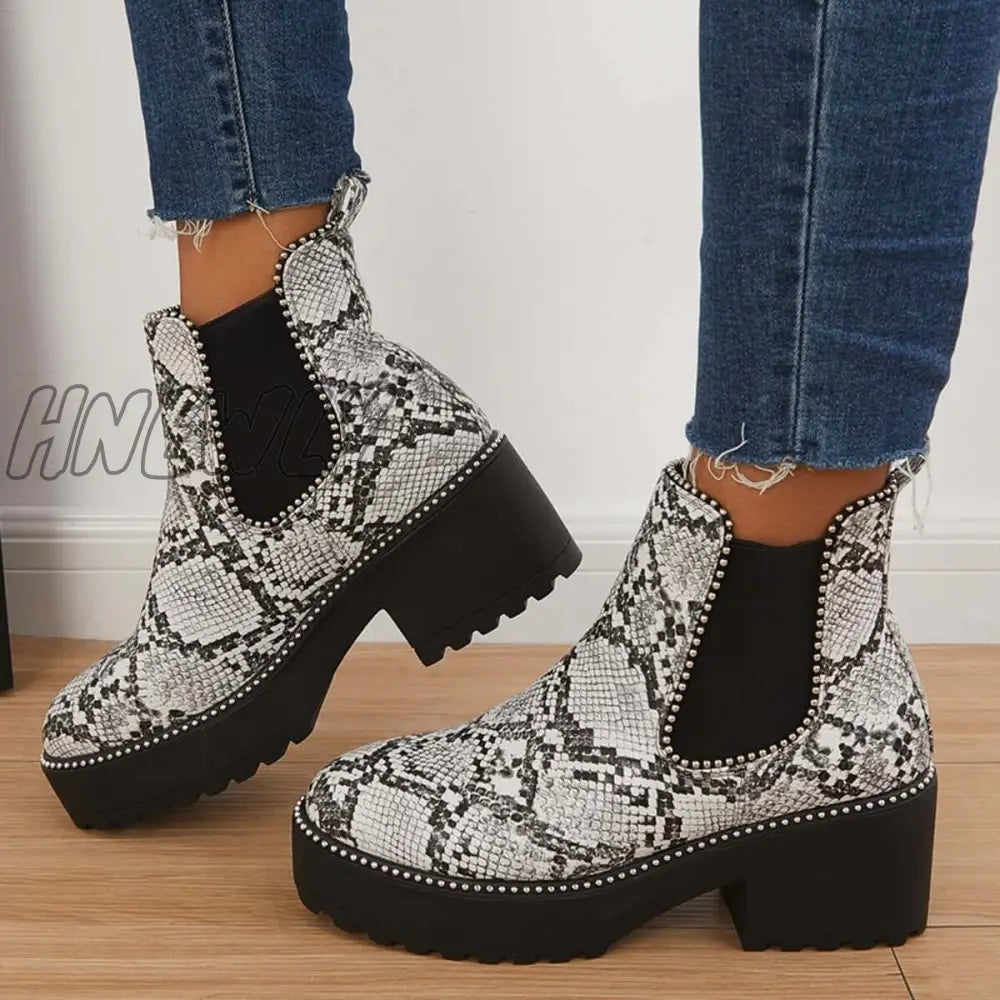 Hnewly Leather Lug Sole Ankle Chelsea Boots Platform Chunky Heel Booties Snake-A / 5