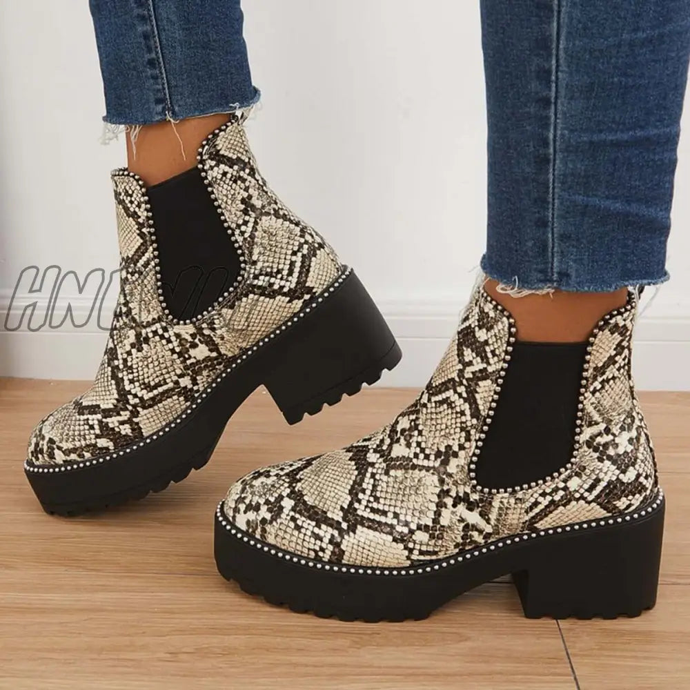 Hnewly Leather Lug Sole Ankle Chelsea Boots Platform Chunky Heel Booties Snake-B / 5