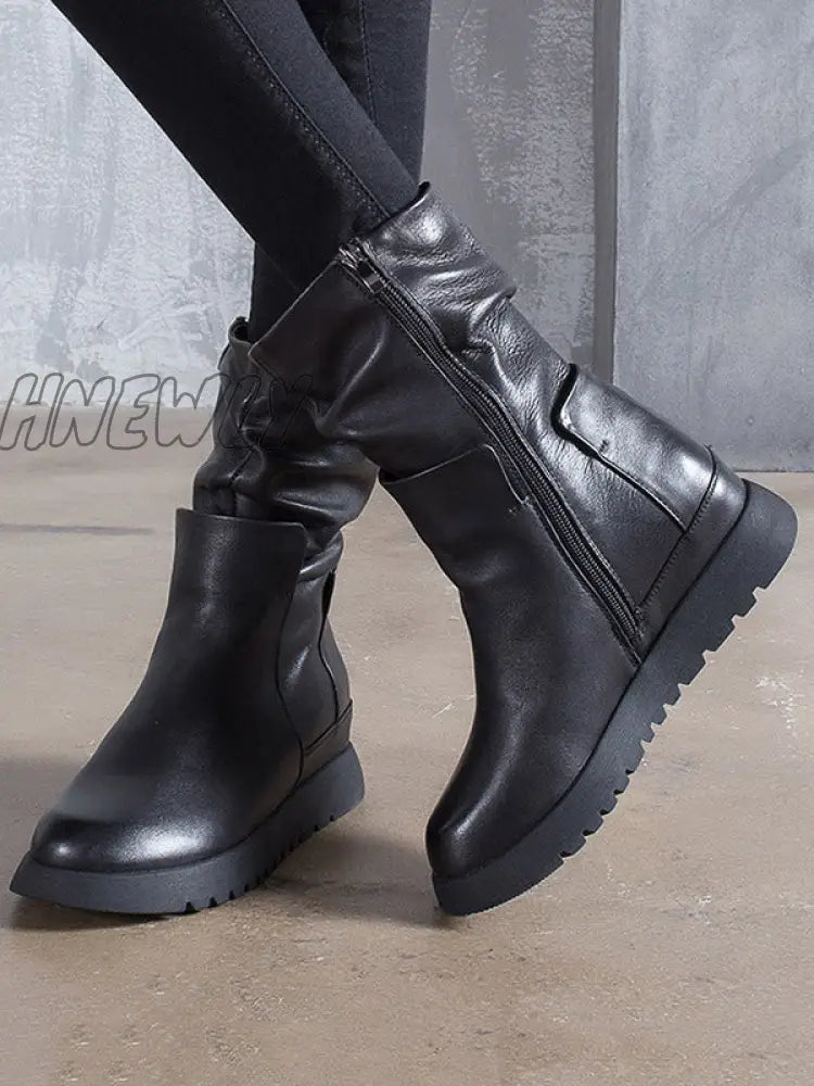 Hnewly - Leisure Fashion Solid Leather Martin Boots Black / 35