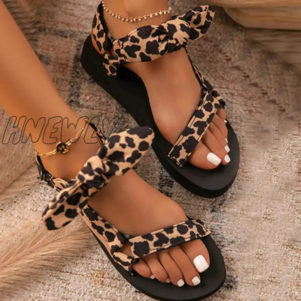 Hnewly - Leopard Print Casual Patchwork With Bow Round Comfortable Shoes Shoes Sandals