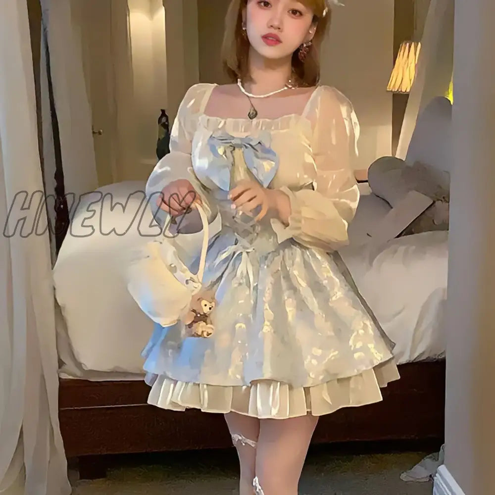 Hnewly Lolita Princess Dress Women Party Y2K Bandage Blue Cosplay Costumes Japanese Puff Sleeve