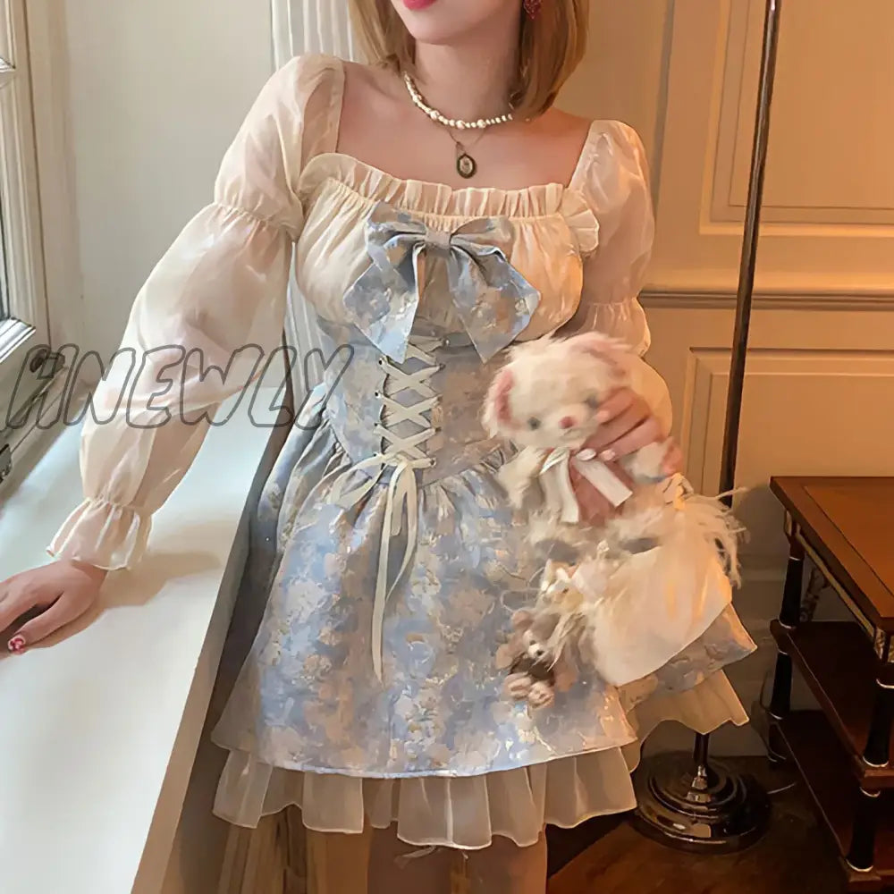 Hnewly Lolita Princess Dress Women Party Y2K Bandage Blue Cosplay Costumes Japanese Puff Sleeve