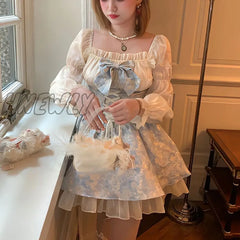 Hnewly Lolita Princess Dress Women Party Y2K Bandage Blue Cosplay Costumes Japanese Puff Sleeve