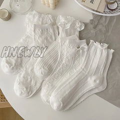 Hnewly Lolita White Lace Socks Women Heart Bowknot Cotton Femme Sweet Jk Ankle Dress Calcetine