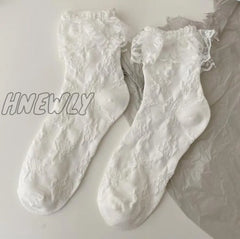 Hnewly Lolita White Lace Socks Women Heart Bowknot Cotton Femme Sweet Jk Ankle Dress Calcetine