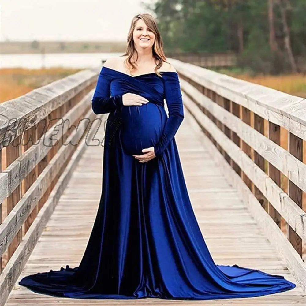 Hnewly Long Maternity Shoot Dress Pleuche Elegence Pregnancy Dresses Photography Maxi Gown Photo