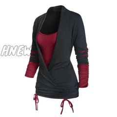 Hnewly Long Sleeve Cinched Contrast Faux Twinset Tops For Women Tee T Shirt Full Ruched 2 In 1