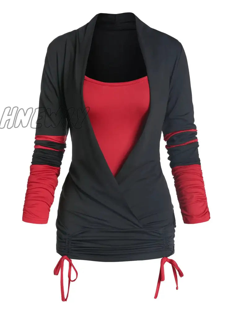 Hnewly Long Sleeve Cinched Contrast Faux Twinset Tops For Women Tee T Shirt Full Ruched 2 In 1