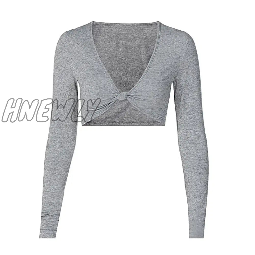 Hnewly Long Sleeve Deep V-Neck Knot Sexy Crop Top Club Wear Autumn Winter Women Basic Skinny