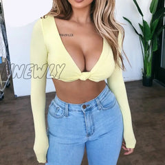 Hnewly Long Sleeve Deep V-Neck Knot Sexy Crop Top Club Wear Autumn Winter Women Basic Skinny