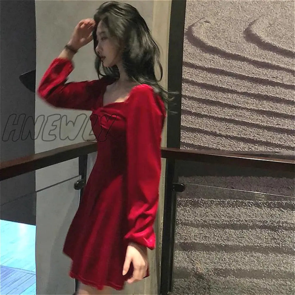 Hnewly Long Sleeve Dress Women Square - Collar Bow Elegant Backless Mini A - Line Velvet - Fabric