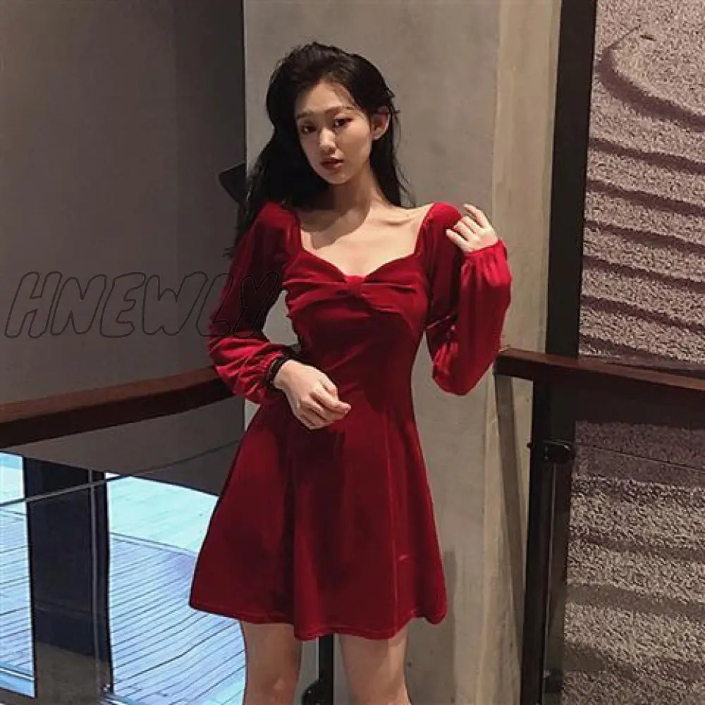 Hnewly Long Sleeve Dress Women Square - Collar Bow Elegant Backless Mini A - Line Velvet - Fabric