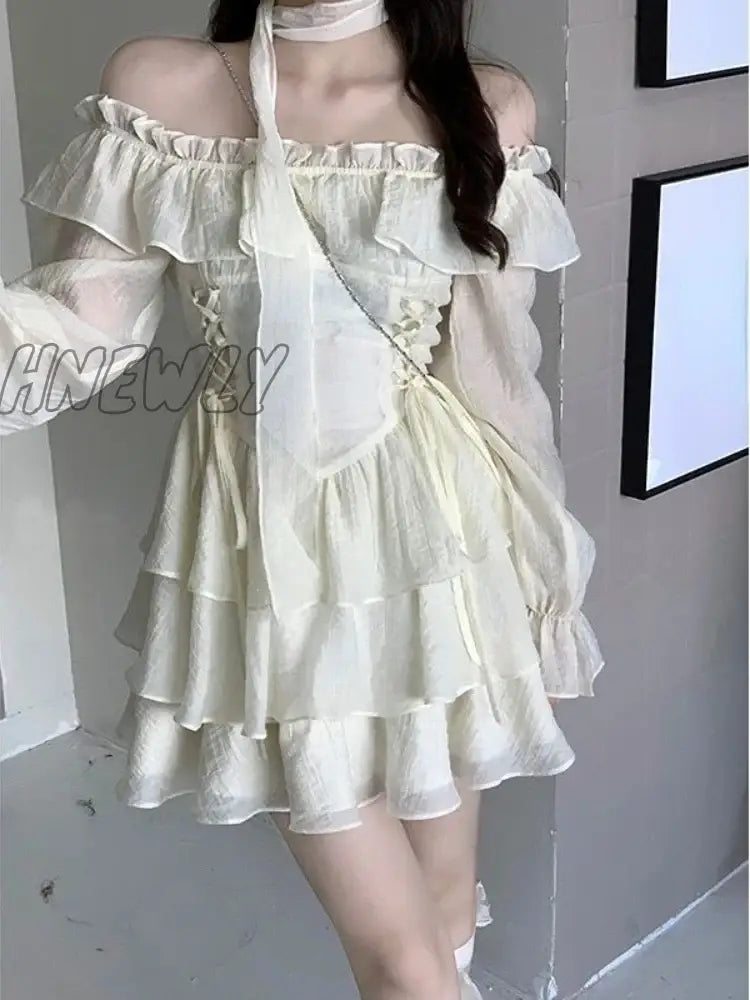 Hnewly Long Sleeve Elegant Mini Dress Lolita Pure Color Short Party Woman Casual 2024 Spring Sweet