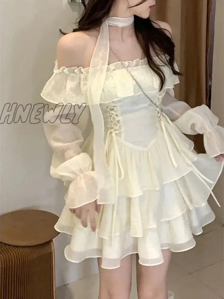 Hnewly Long Sleeve Elegant Mini Dress Lolita Pure Color Short Party Woman Casual 2024 Spring Sweet