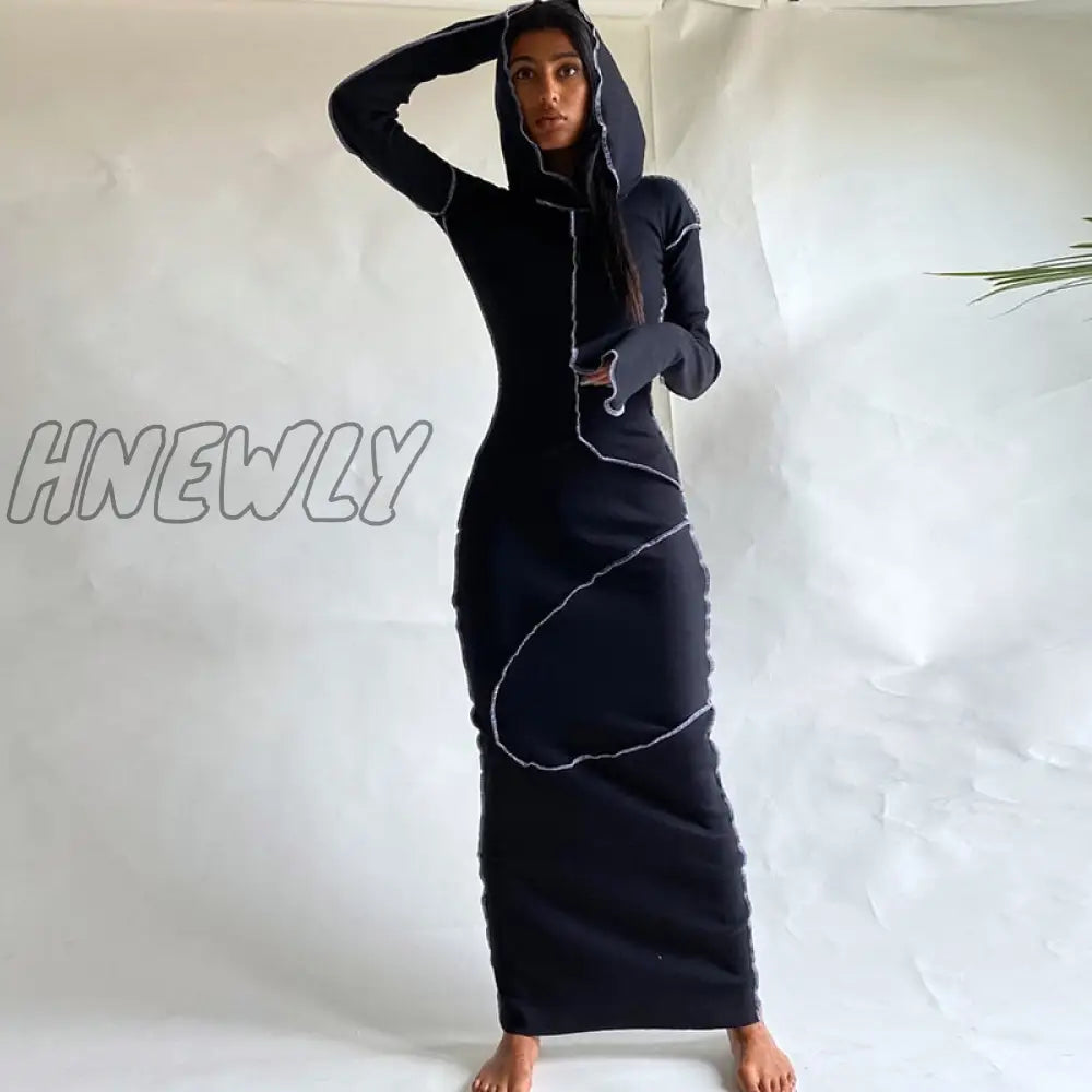 Hnewly Long Sleeve Hooded Patchwork Skinny Maxi Dress Autumn Winter Women Fashion Streetwear Casual