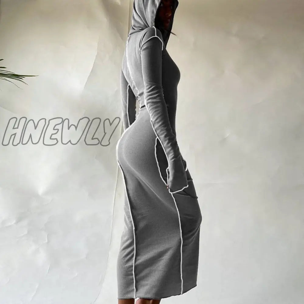 Hnewly Long Sleeve Hooded Patchwork Skinny Maxi Dress Autumn Winter Women Fashion Streetwear Casual