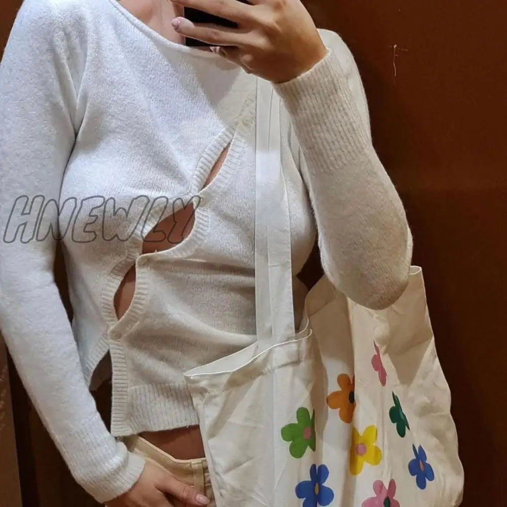 Hnewly Long Sleeve Spring Autumn Knitted Women Tops Sweaters T-Shirts Elegant Hollow Out Top Tees