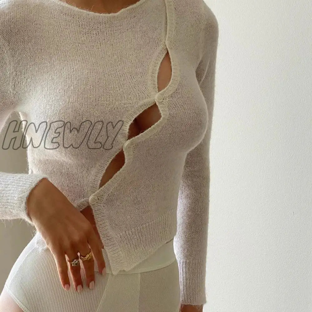 Hnewly Long Sleeve Spring Autumn Knitted Women Tops Sweaters T-Shirts Elegant Hollow Out Top Tees