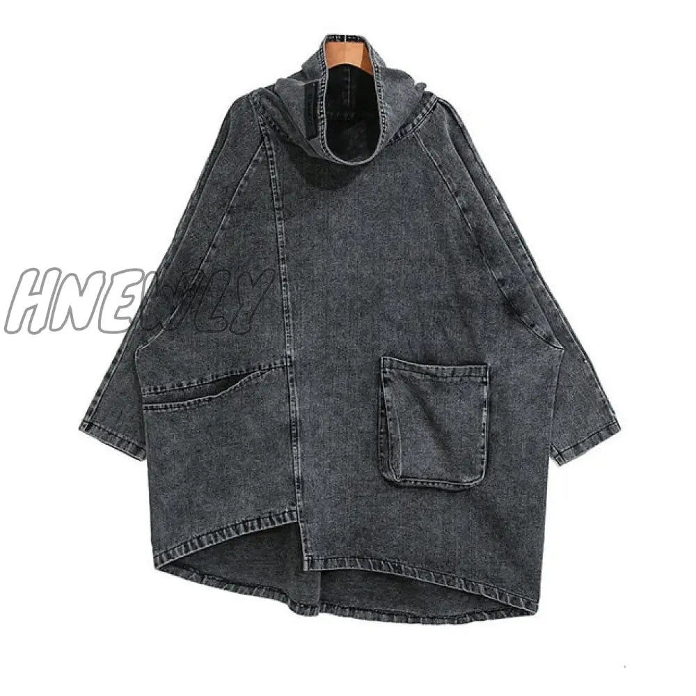 Hnewly Loose Fit Black Denim Oversized Sweatshirt New High Collar Long Sleeve Women Big Size