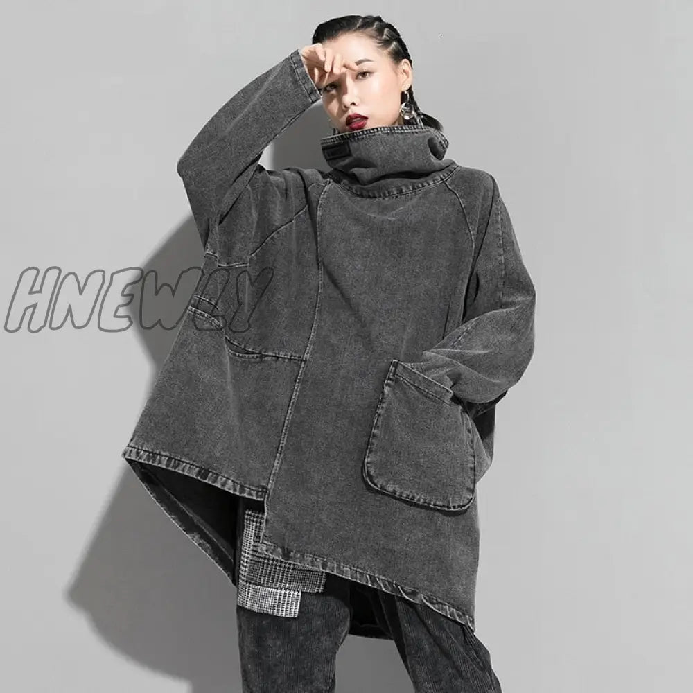 Hnewly Loose Fit Black Denim Oversized Sweatshirt New High Collar Long Sleeve Women Big Size