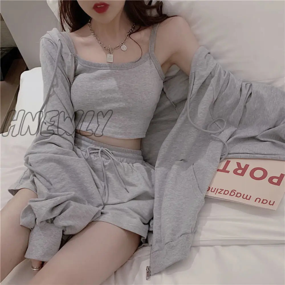 Hnewly Loungewear Women 3 Pieces Summer Sleepwear Ensembles De Pyjama Nightgown Suits With Shorts