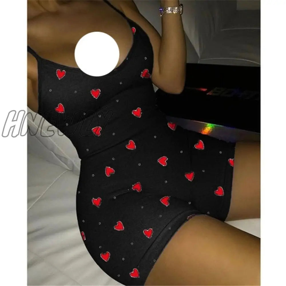 Hnewly Lovely Heart Bodysuit For Women Sexy Club V - Neck Sleeveless Rompers Ladies Summer Bodycon