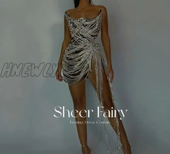 Hnewly Luxury Cystal Tassel Silver Black Prom Dresses Sexy Mini Short Cocktail Party Gowns Girls