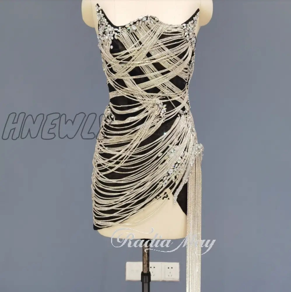 Hnewly Luxury Cystal Tassel Silver Black Prom Dresses Sexy Mini Short Cocktail Party Gowns Girls