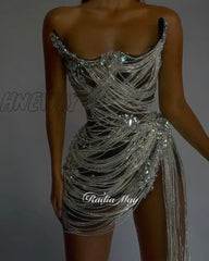 Hnewly Luxury Cystal Tassel Silver Black Prom Dresses Sexy Mini Short Cocktail Party Gowns Girls