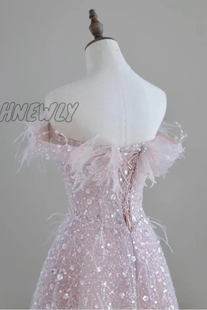 Hnewly Luxury Pink Feather Prom Dresses Women Advanced Light Luxury A Word Shoulder Fairy Evening